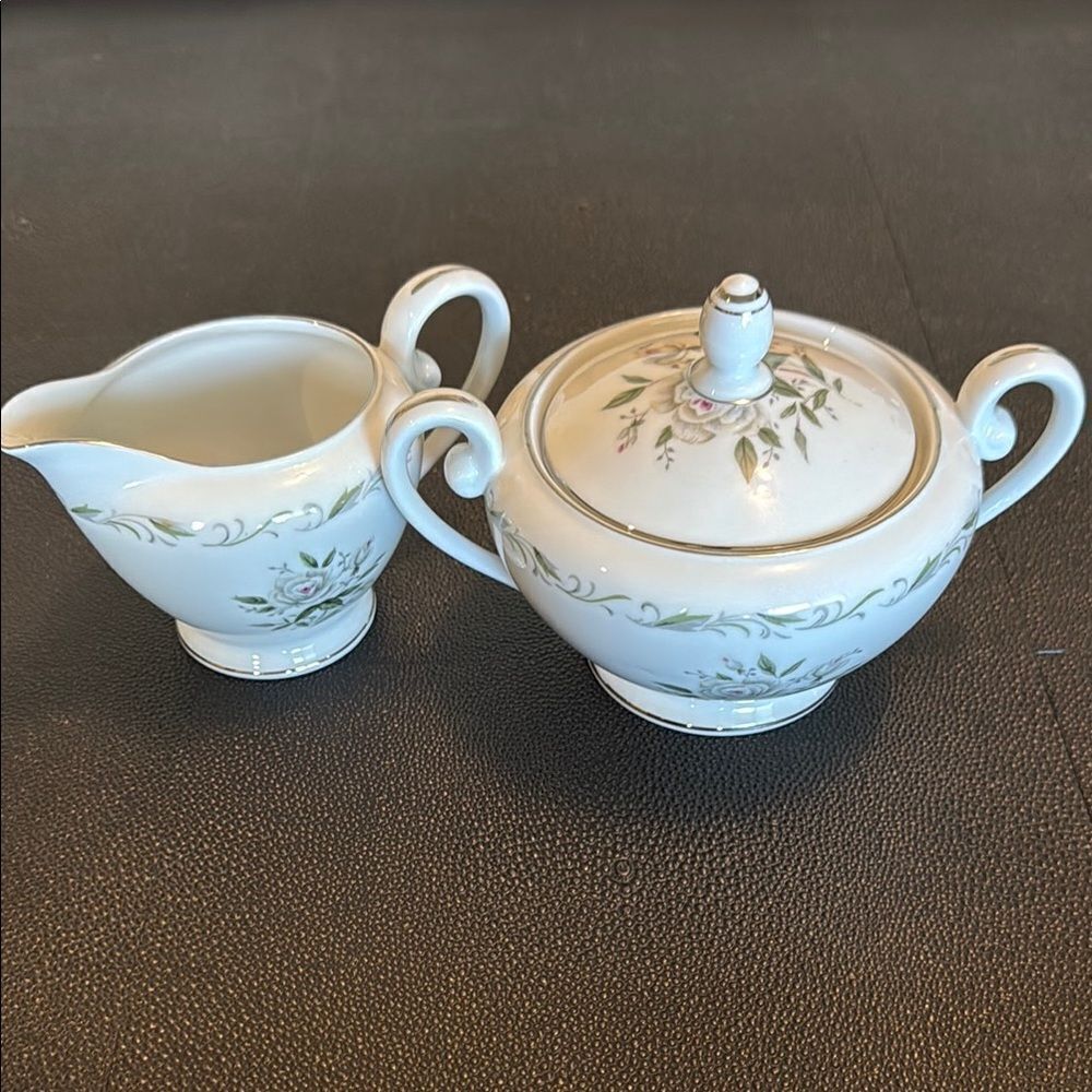 Diamond China Romance White and Green Creamer and Sugar Bowls Tea Party Vintage
